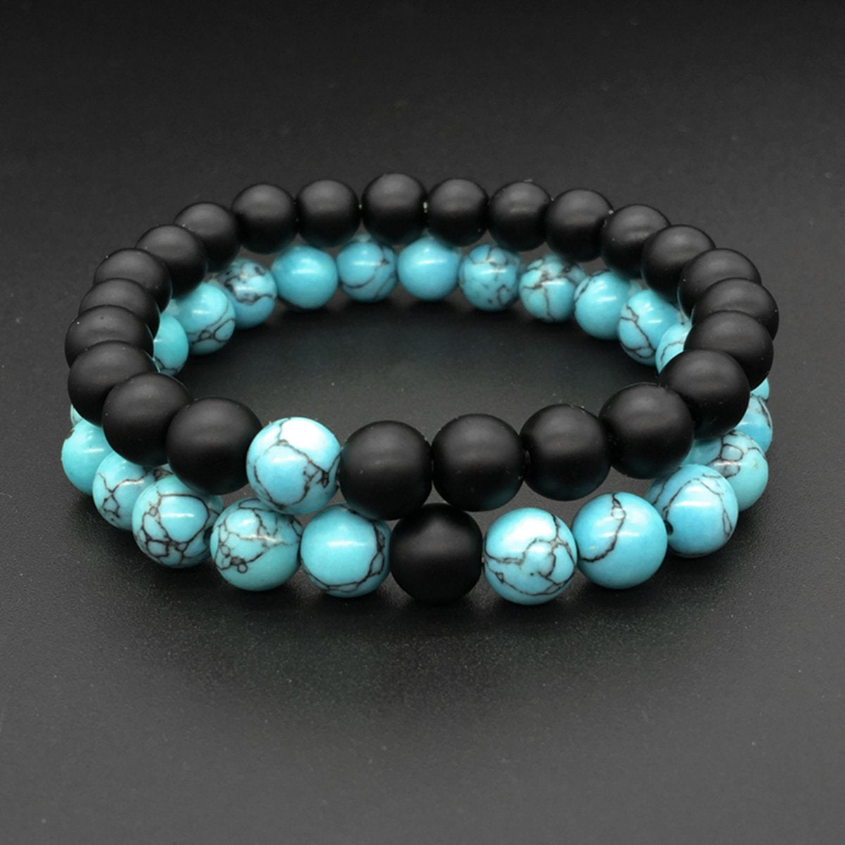 Natural Onyx Turquoise Beads Glossy Black Stretchable Combo Bracelet