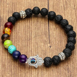 7 Chakra Reiki Hamsa Evil Eye Onyx Lava Beads Black Distance Bracelet