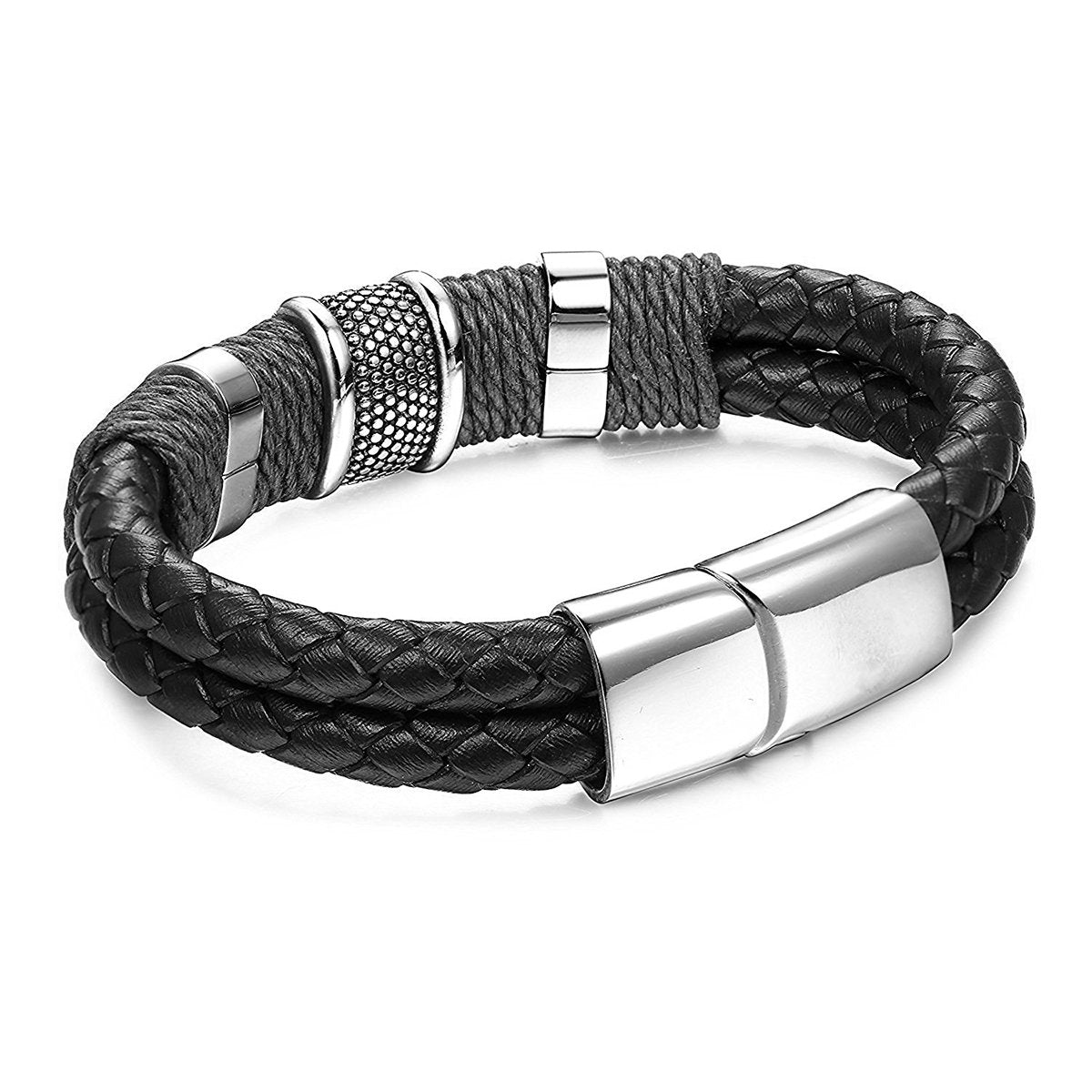 Rope Black Leather 316L Stainless Steel Wrist Band Strap Bracelet Men