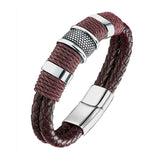 Rope Braided Brown Leather Stainless Steel Wrist Band Bracelet Men