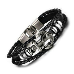 Anchor Braided Genuine Black Leather Wrist Band Strand Bracelet