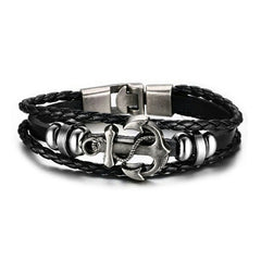 Anchor Braided Genuine Black Leather Wrist Band Strand Bracelet