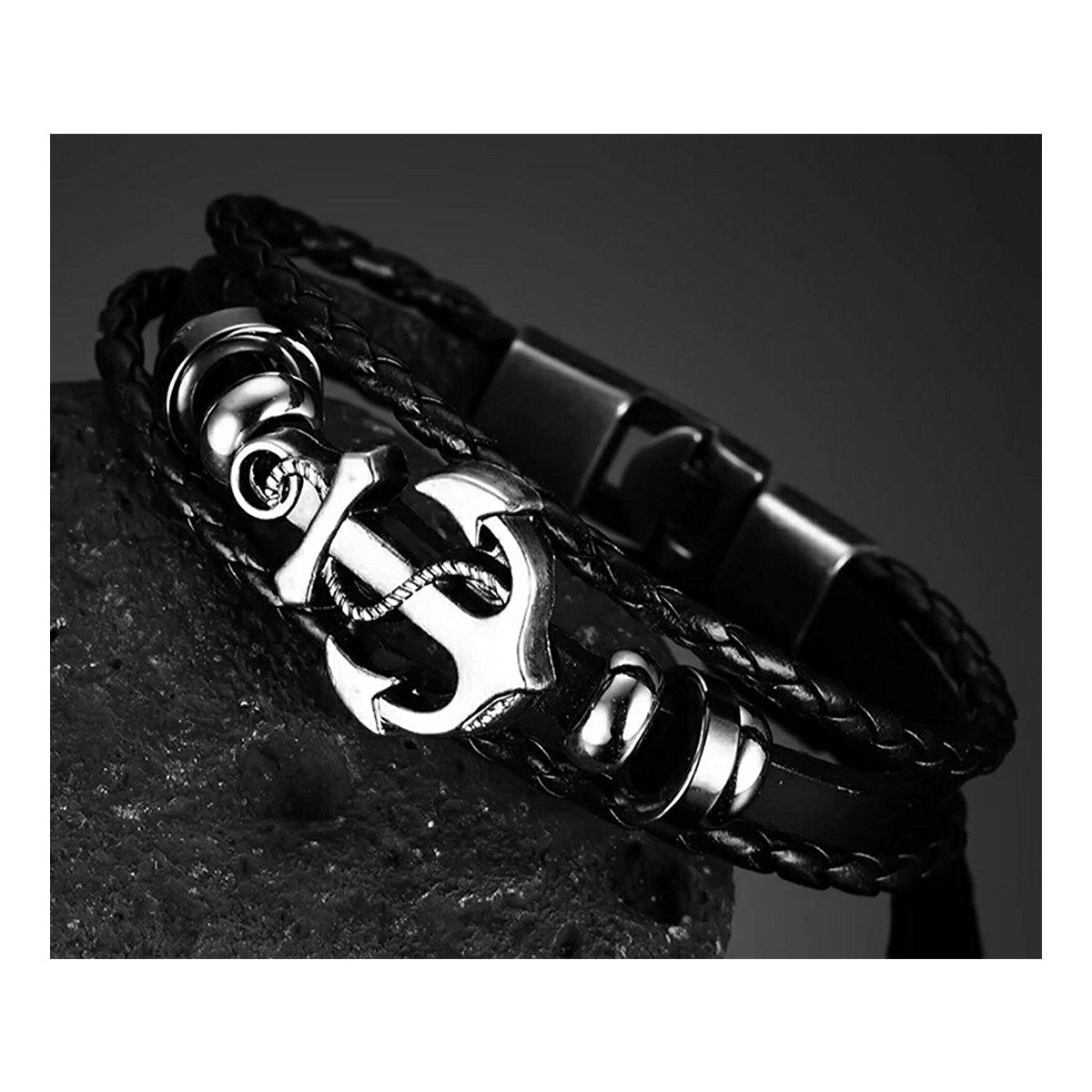 Anchor Braided Genuine Black Leather Wrist Band Strand Bracelet
