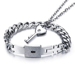 Key Lock Pendant Chain Silver Stainless Steel Bracelet For Couple