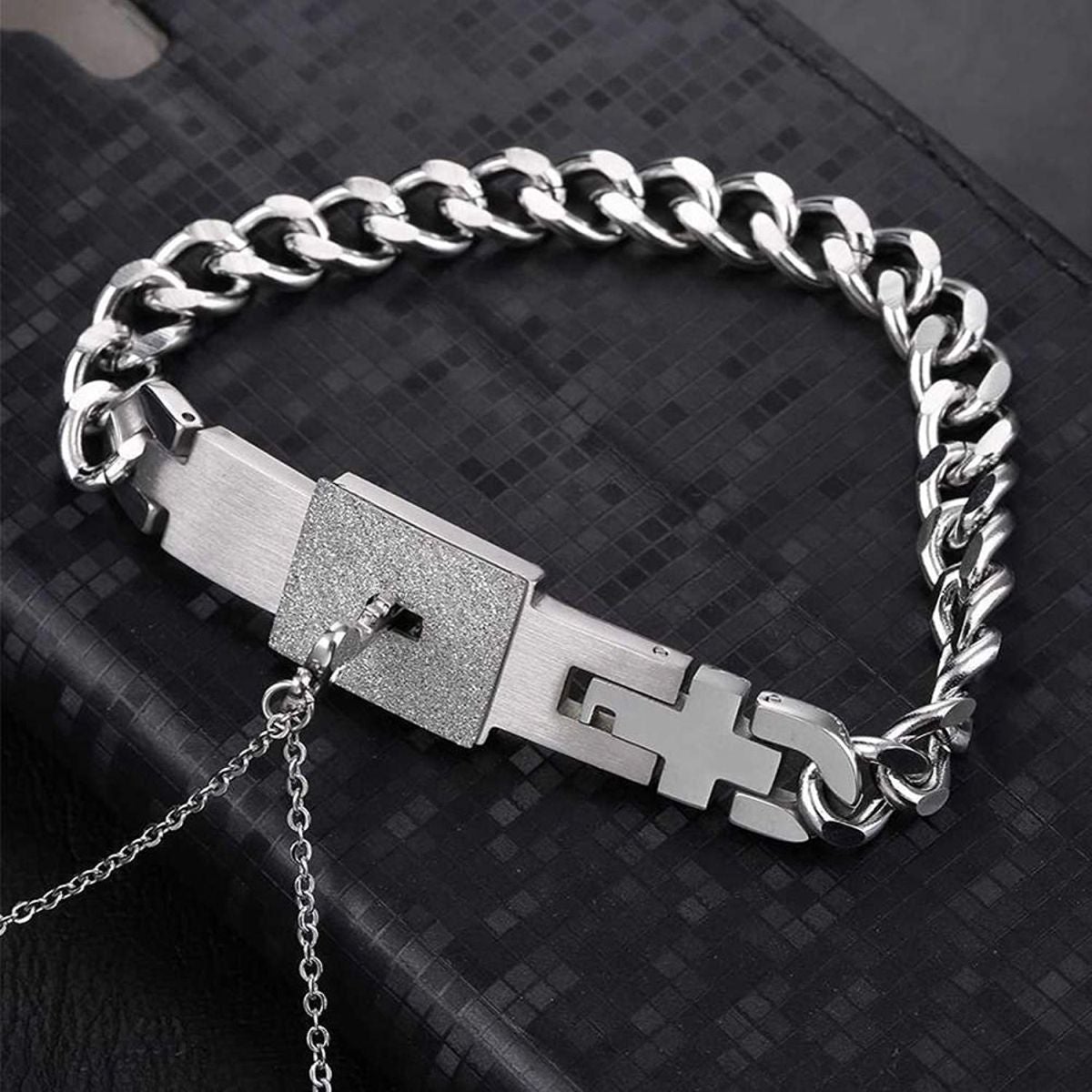 Key Lock Pendant Chain Silver Stainless Steel Bracelet For Couple