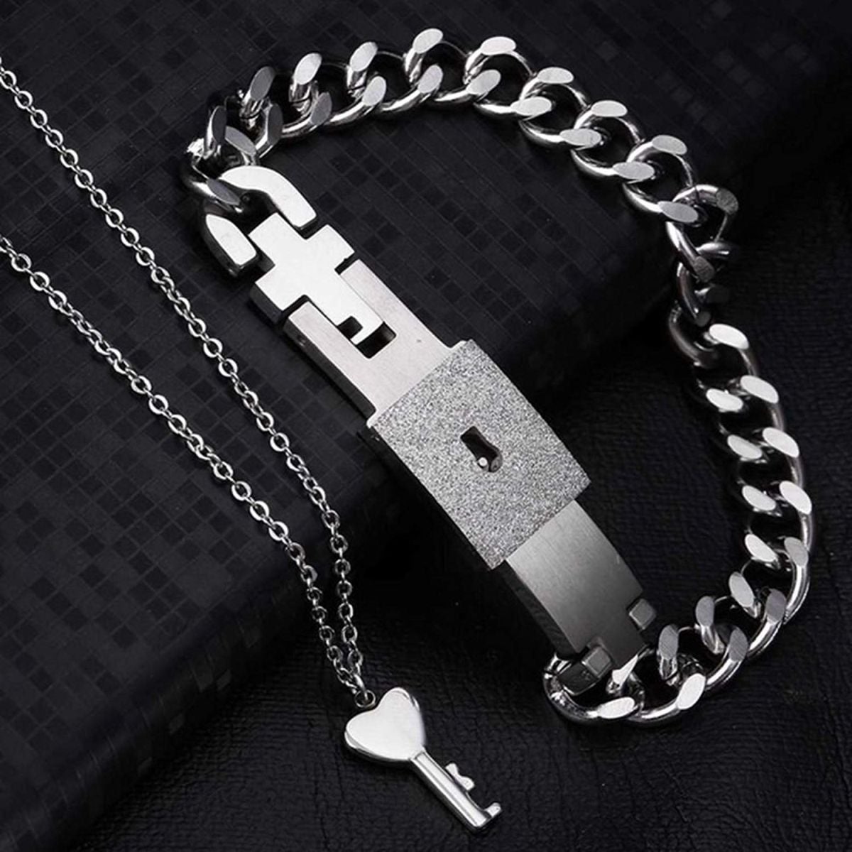 Key Lock Pendant Chain Silver Stainless Steel Bracelet For Couple