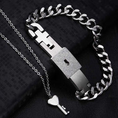 Key Lock Pendant Chain Silver Stainless Steel Bracelet For Couple