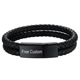 Two Layer Rope Black Braided Real Leather Wrist Band Strand Personalized Engraved Bracelet Men