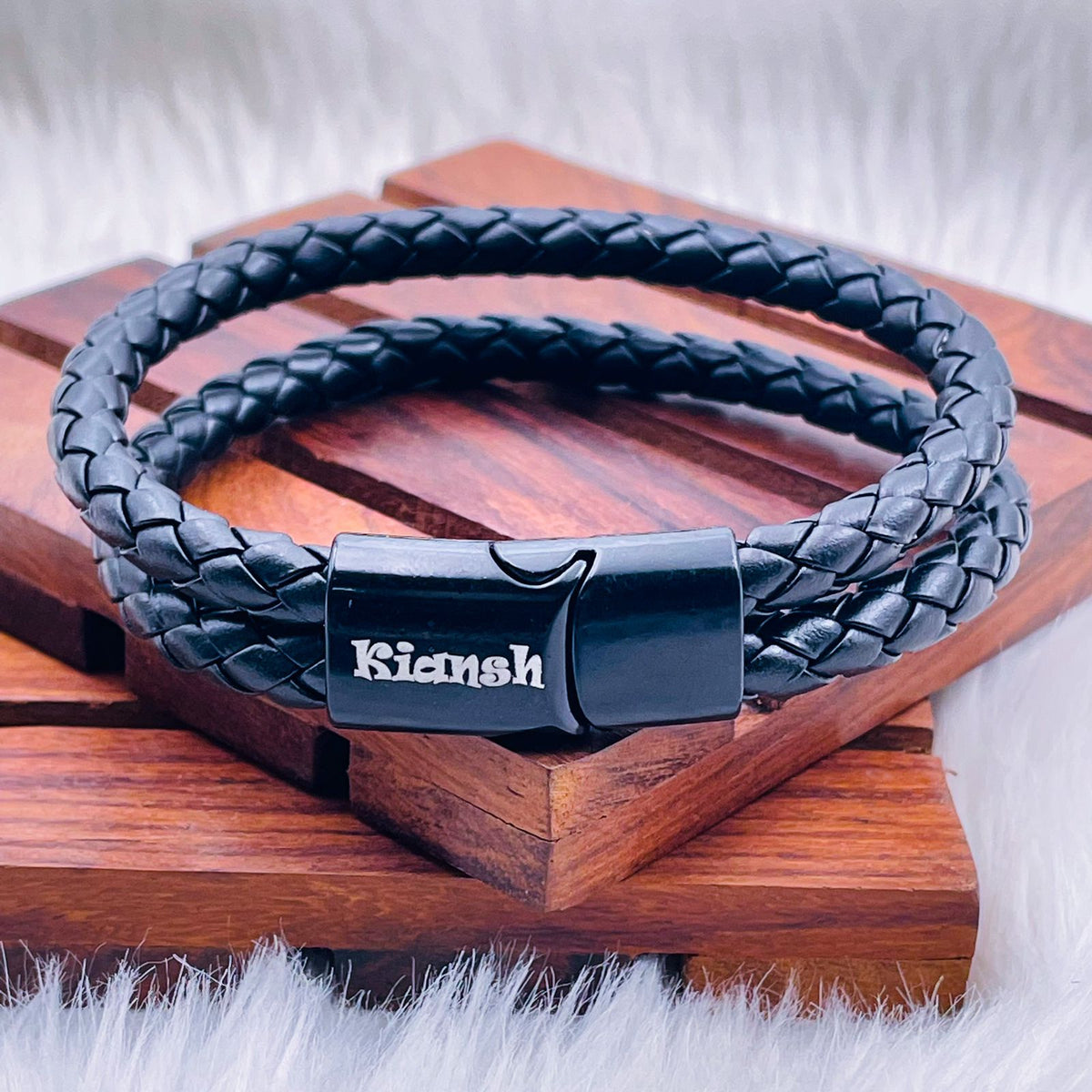 Two Layer Rope Black Braided Real Leather Wrist Band Strand Personalized Engraved Bracelet Men