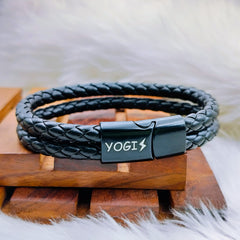 Two Layer Rope Black Braided Real Leather Wrist Band Strand Personalized Engraved Bracelet Men