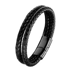 Two Layer Rope Black Leather Charm Wrist Band Strand Bracelet Men
