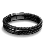 Two Layer Rope Black Leather Charm Wrist Band Strand Bracelet Men