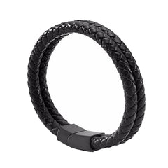 Two Layer Rope Black Leather Charm Wrist Band Strand Bracelet Men