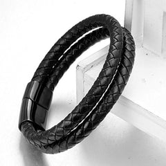 Two Layer Rope Black Leather Charm Wrist Band Strand Bracelet Men