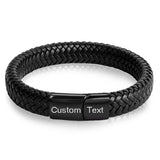 Rope Crafted Braided Black Leather Magnetic Clasp Wrist Band Personalized Engraved Bracelet