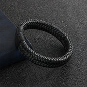 Rope Crafted Braided Black Leather Magnetic Clasp Wrist Band Bracelet