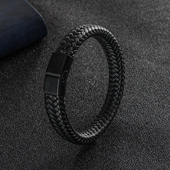 Rope Crafted Braided Black Leather Magnetic Clasp Wrist Band Bracelet
