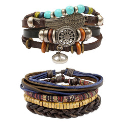 Leather Feather Peace Charm Biker Strand Wrist Band Bracelet Combo