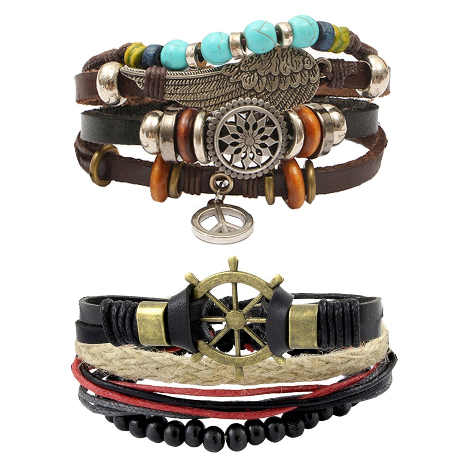Leather Feather Peace Charm Thread Strand Wrist Band Bracelet Combo