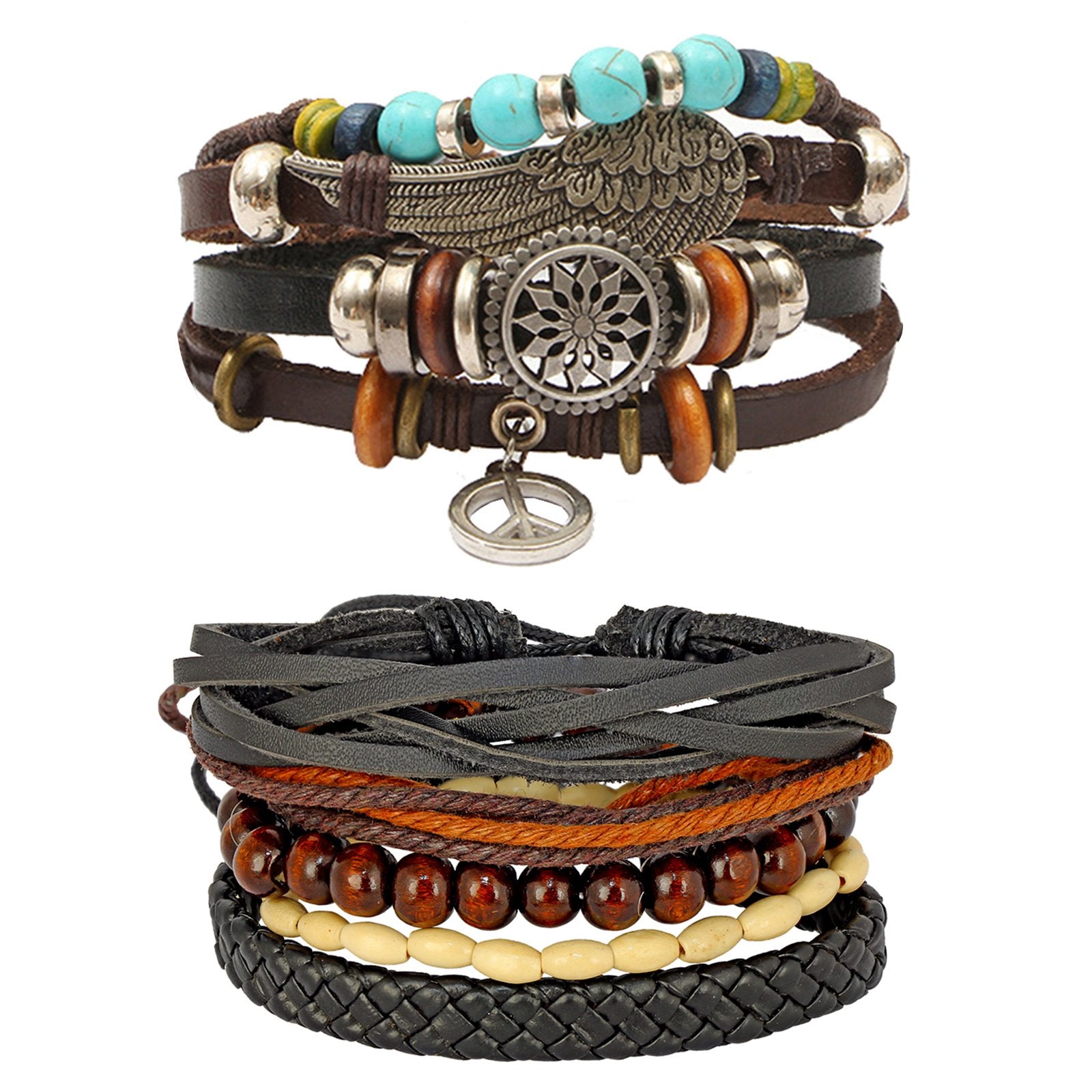 Leather Feather Peace Charm Coconut Strand Wrist Band Bracelet Combo