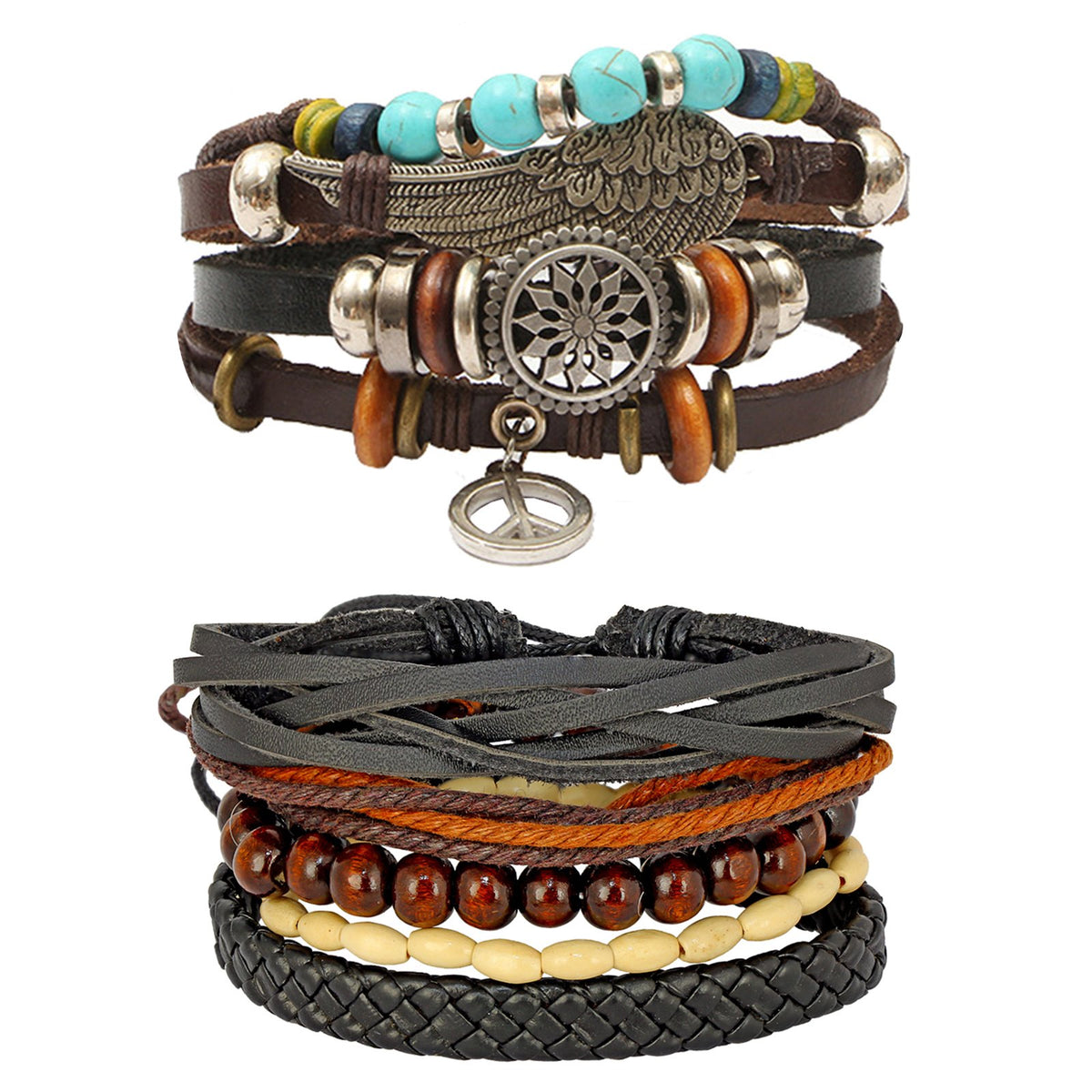 Leather Feather Peace Charm Coconut Strand Wrist Band Bracelet Combo