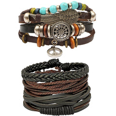 Leather Feather Peace Charm Brown Strand Wrist Band Bracelet Combo
