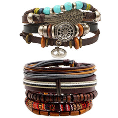 Leather Feather Peace Charm Coconut Strand Wrist Band Bracelet Combo