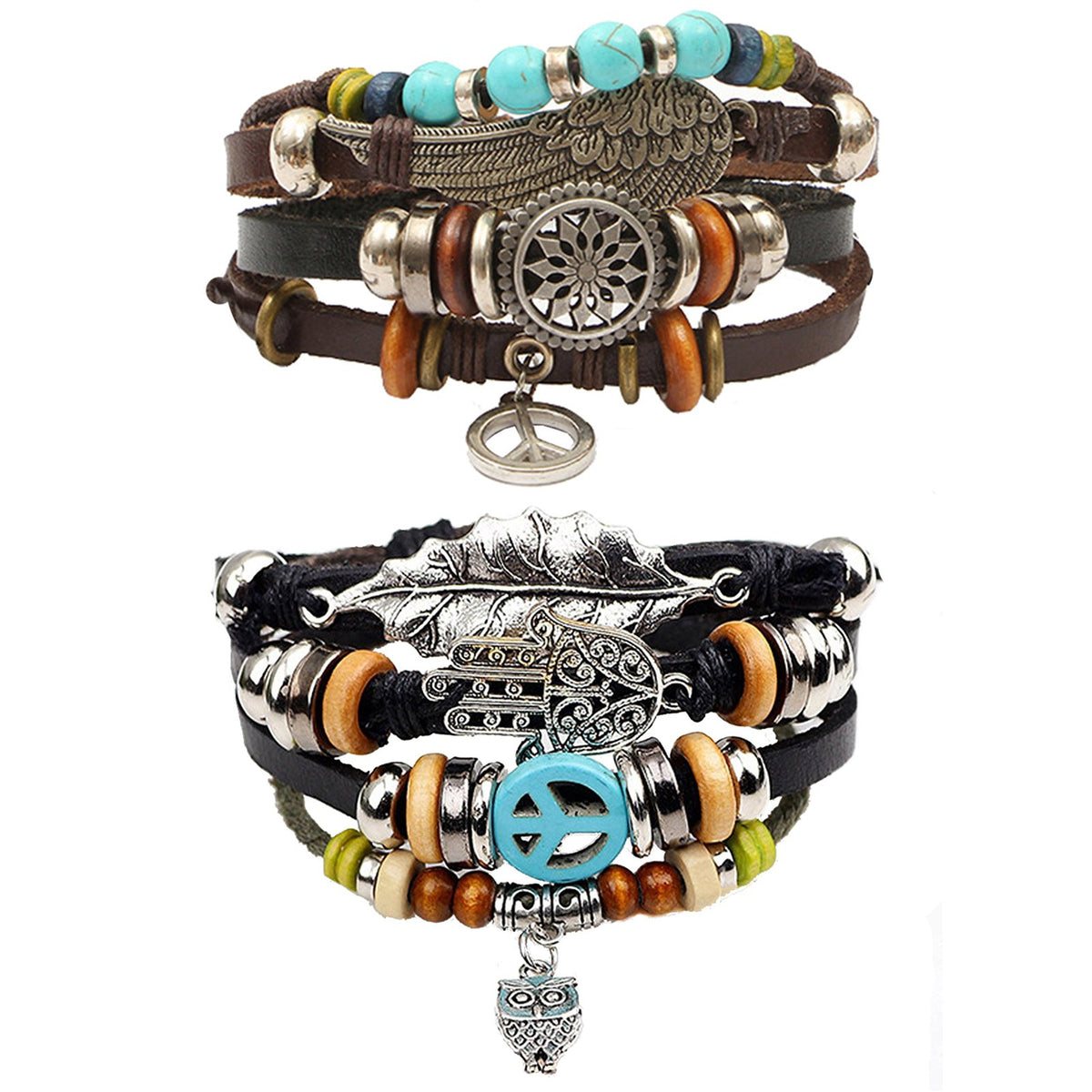 Leather Feather Peace Brown Hamsa Strand Wrist Band Bracelet Combo