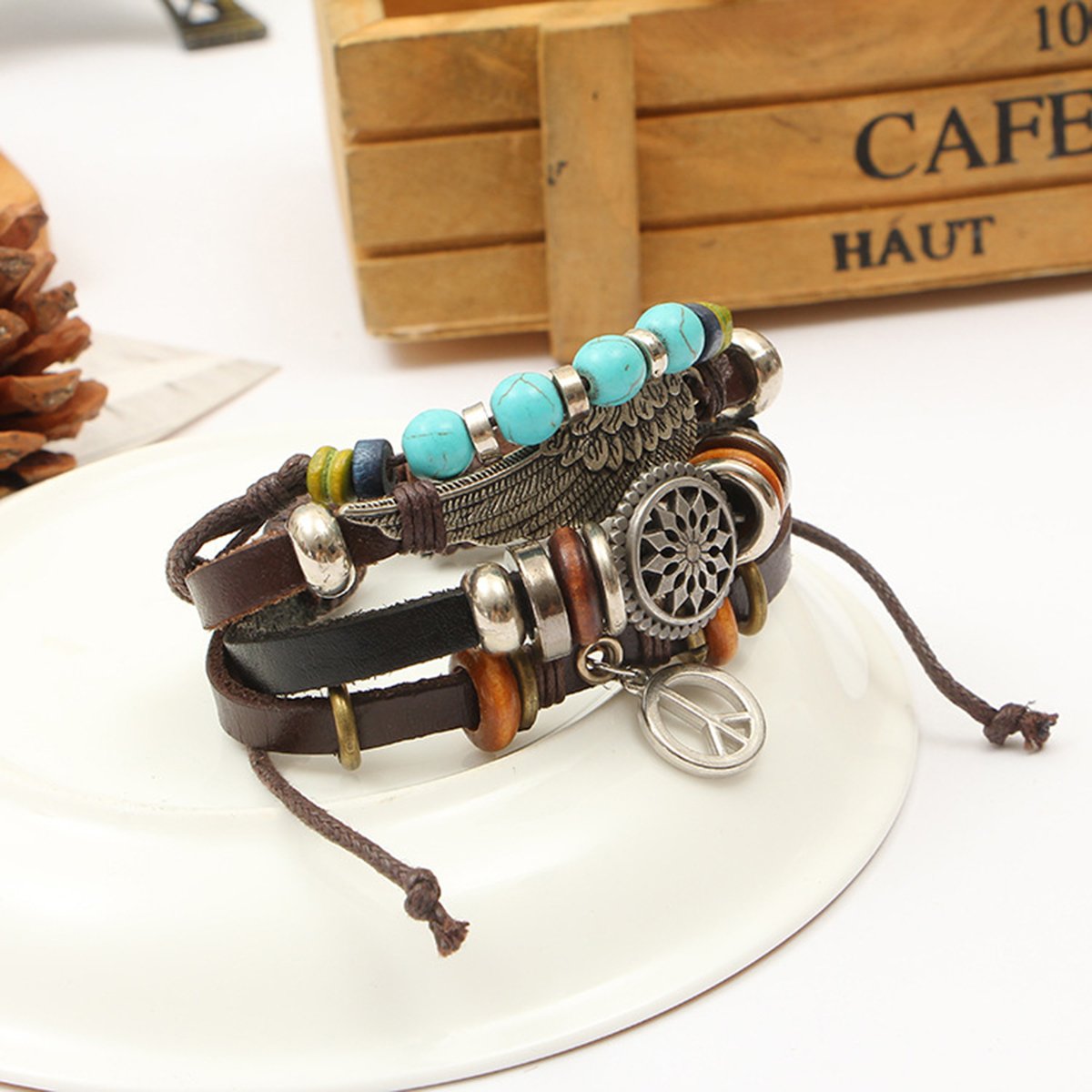 Leather Feather Peace  Charm Thread Strand Wrist Band Bracelet Combo