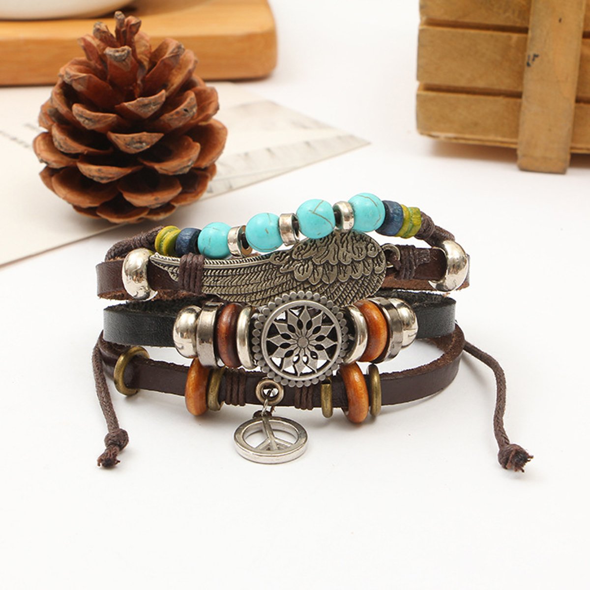 Leather Feather Peace  Charm Thread Strand Wrist Band Bracelet Combo