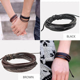 Dual Braided Black Leather Charm Wrist Band Multi Strand Bracelet