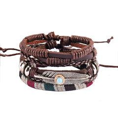 Crafted Leather Charm Wrist Band Multi Strand Stackable Bracelet Men