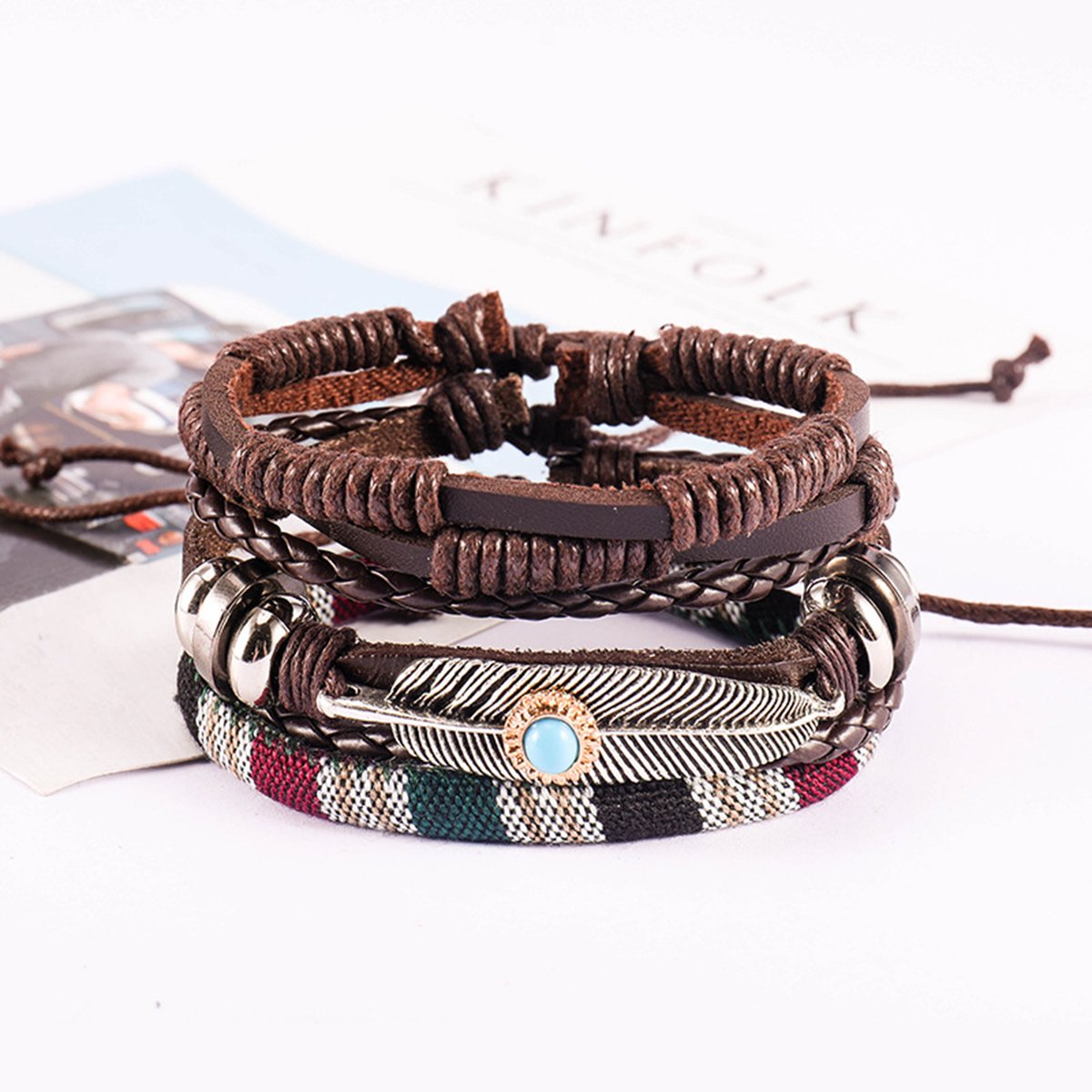 Crafted Leather Charm Wrist Band Multi Strand Stackable Bracelet Men