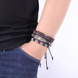 Crafted Leather Charm Wrist Band Multi Strand Stackable Bracelet Men