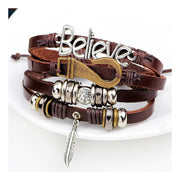 Believe Brown Leather Beads Charm Multi-Strand Unisex Bracelet Men