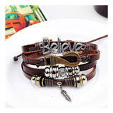 Believe Brown Leather Beads Charm Multi-Strand Unisex Bracelet Men