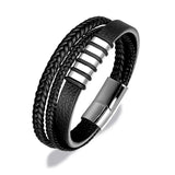 Layered Braided Black Leather Stainless Steel Magnetic Clasp Bracelet For Men