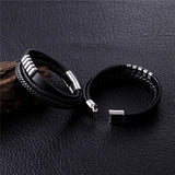 Layered Braided Black Leather Stainless Steel Magnetic Clasp Bracelet For Men