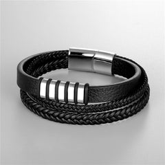 Layered Braided Black Leather Stainless Steel Magnetic Clasp Bracelet For Men