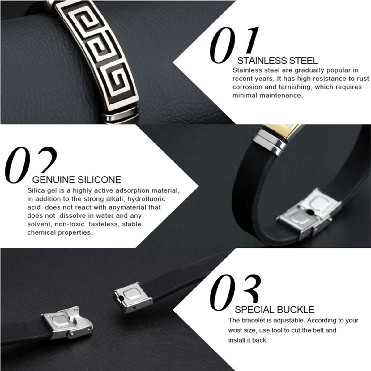 Silver Black Rubber Silicone Stainless Steel Wristband Bracelet