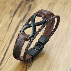 Layer Black Infinity Charms Braided Leather Wrist Band Strand Bracelet