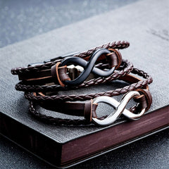 Layer Black Infinity Charms Braided Leather Wrist Band Strand Bracelet