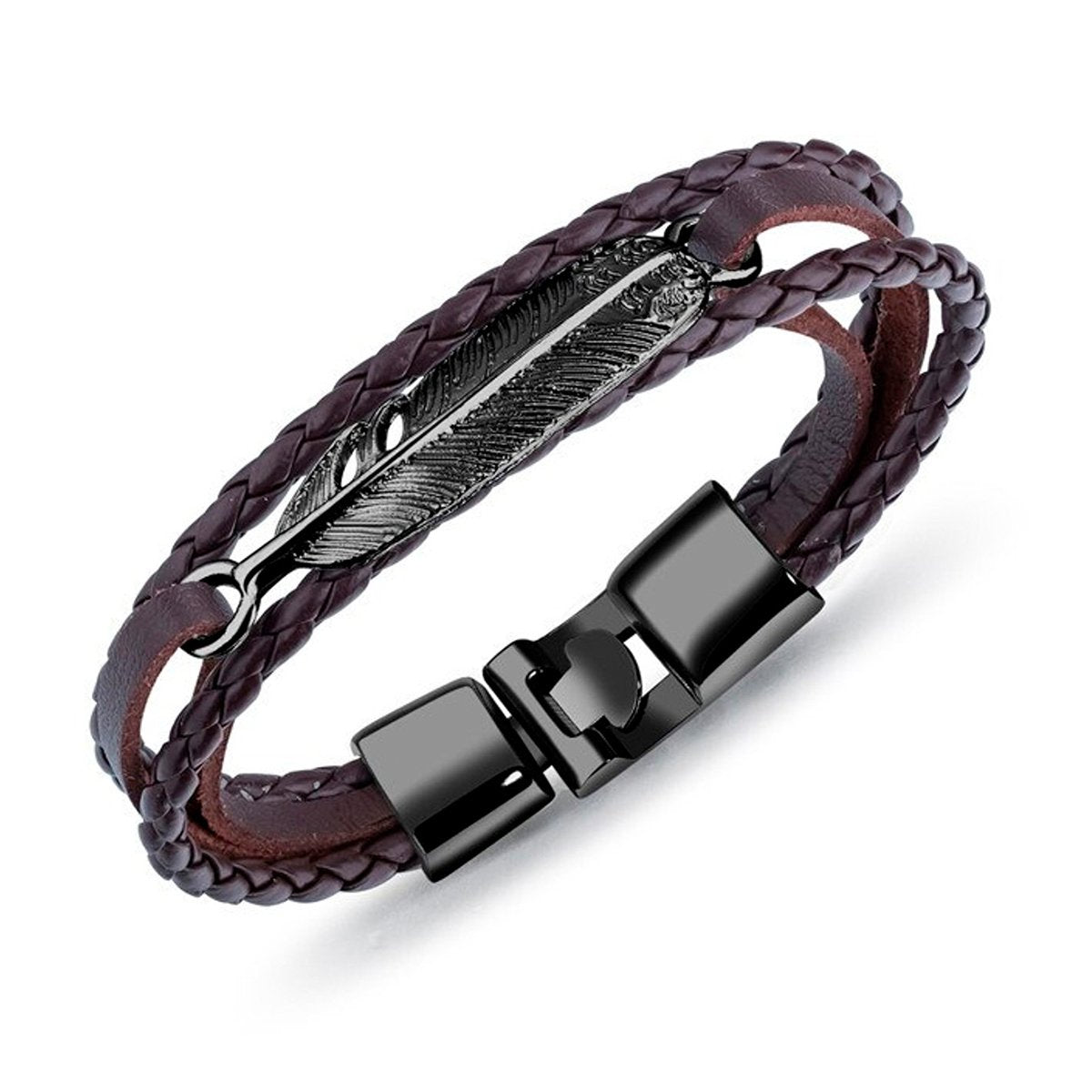 Layered Black Leaf Charms Braided Leather Wrist Band Strand Bracelet