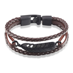 Layered Black Leaf Charms Braided Leather Wrist Band Strand Bracelet