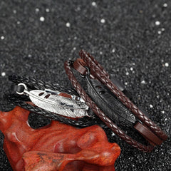 Layered Black Leaf Charms Braided Leather Wrist Band Strand Bracelet