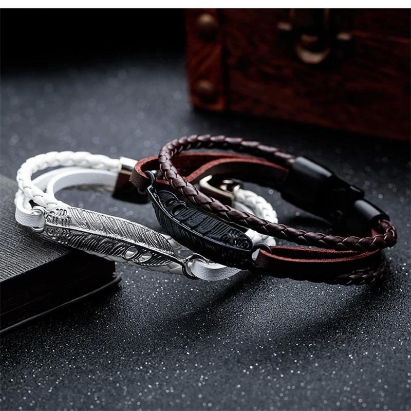 Layered Black Leaf Charms Braided Leather Wrist Band Strand Bracelet