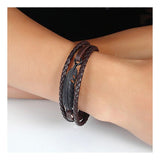Layered Black Leaf Charms Braided Leather Wrist Band Strand Bracelet
