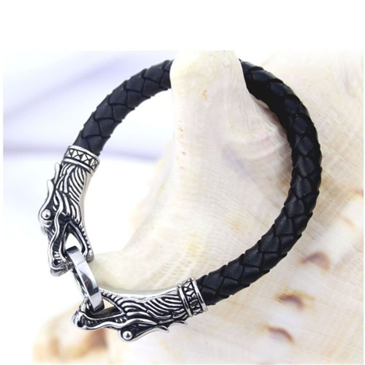 Biker Punk Lion Dragon Leather Stainless Steel Kada Bangle Bracelet