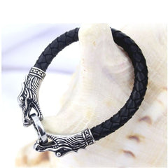 Biker Punk Lion Dragon Leather Stainless Steel Kada Bangle Bracelet