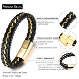 Black Braided Leather Gold Stainless Steel Bracelet For Men